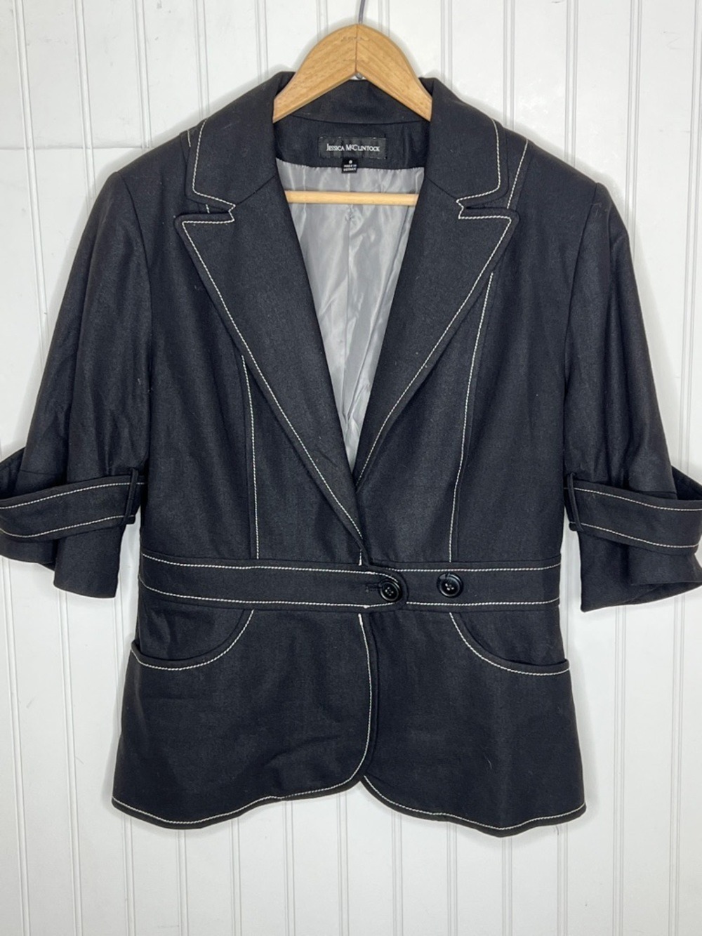 Jessica McClintock Black Blazer with White Contrast Stitching